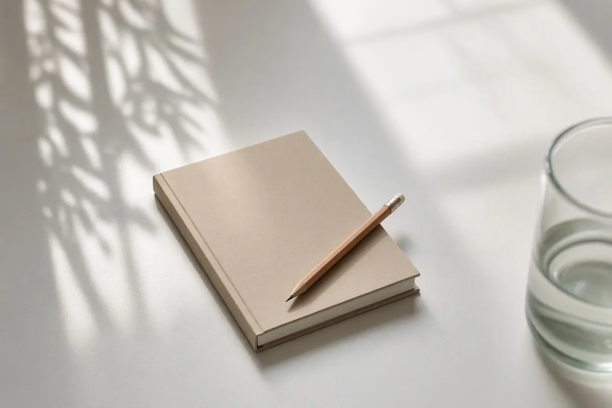 A closed notebook and a pencil on an otherwise clear desk