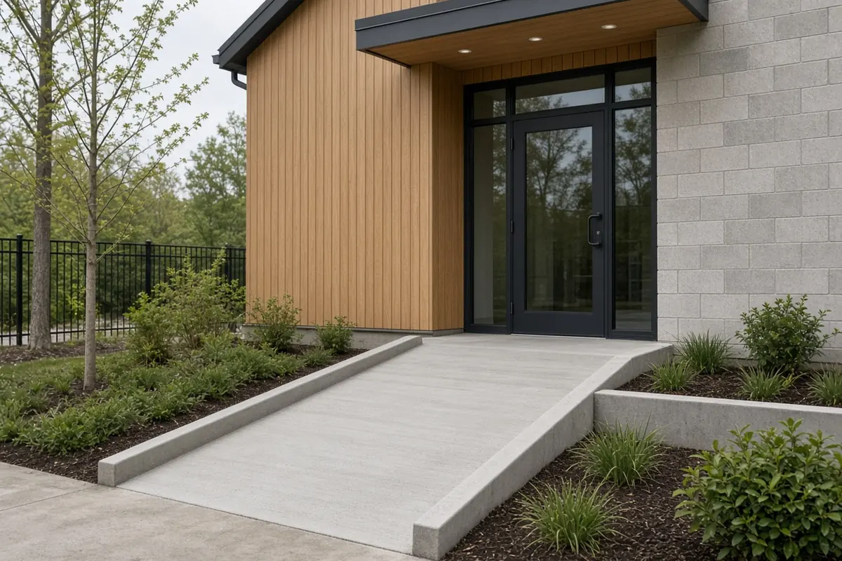 A building entrance with a short ramp and no step at the door