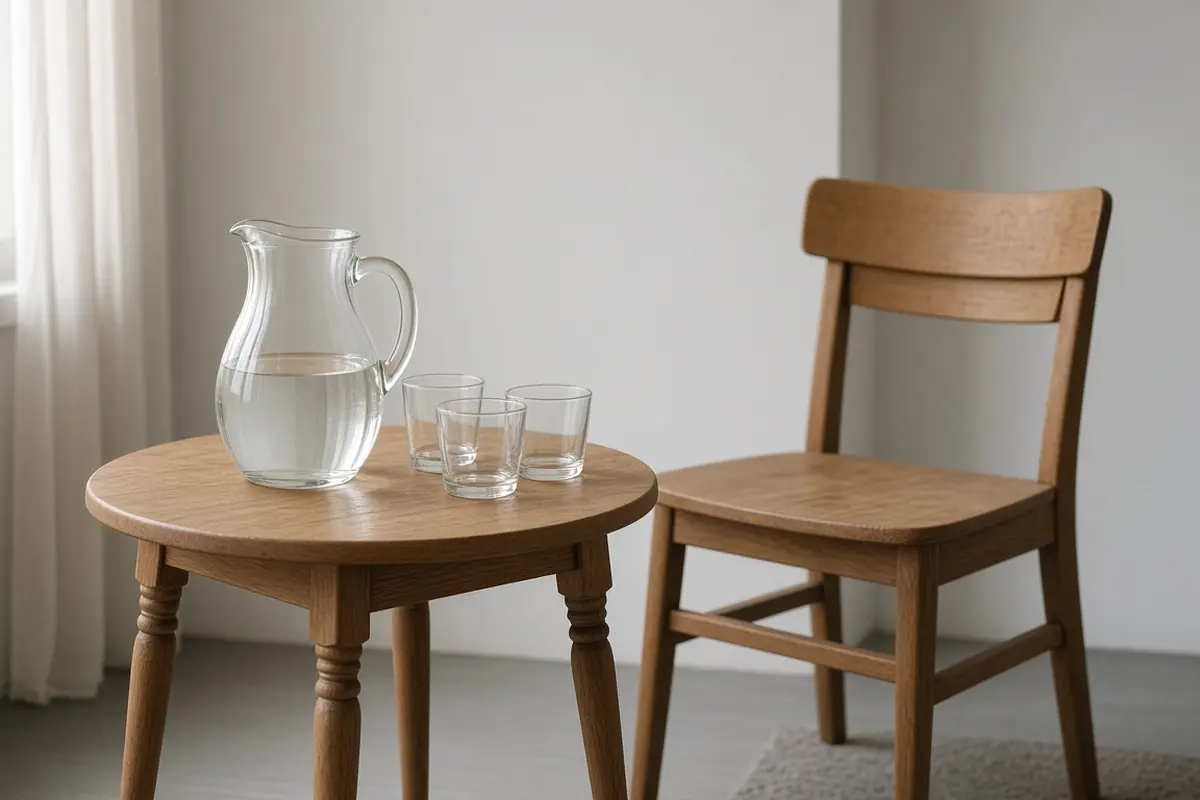 A water jug and cups on a side table next to an empty chair