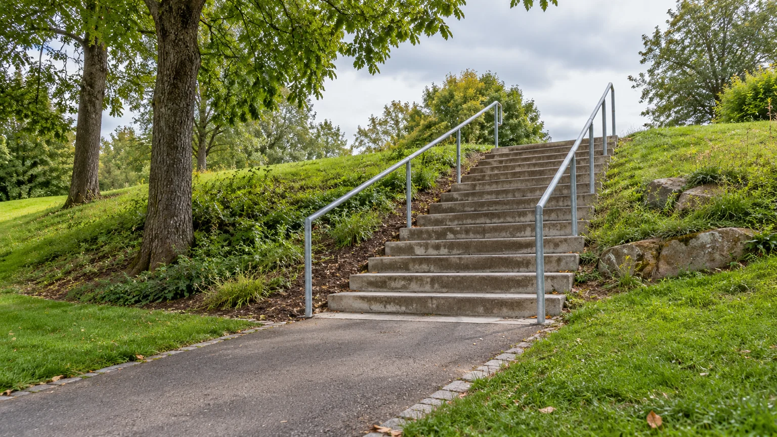 Outdoor stairs and handrails on a grassy park embankment