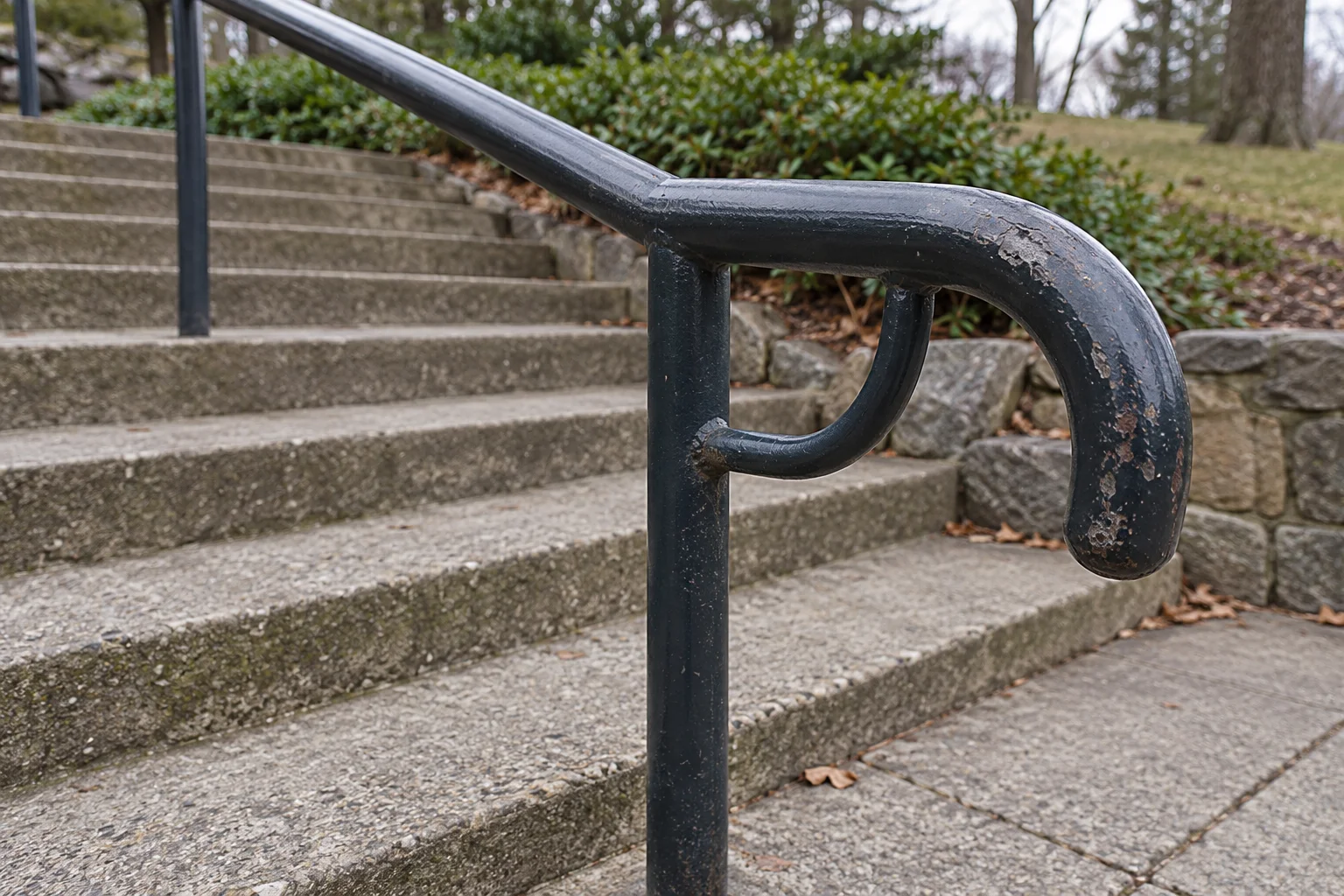 Close view of a stair handrail, its curved end and underside support