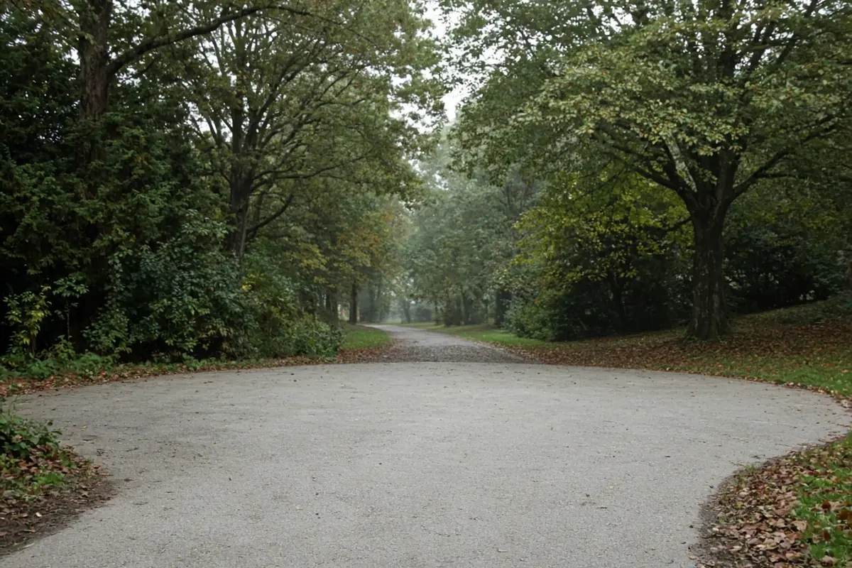 A path that opens into a wider paved area where two people could pass