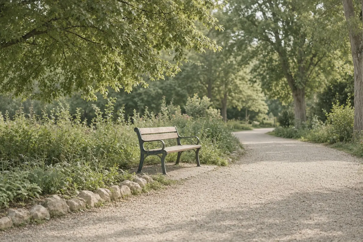 An empty bench under trees beside a level path