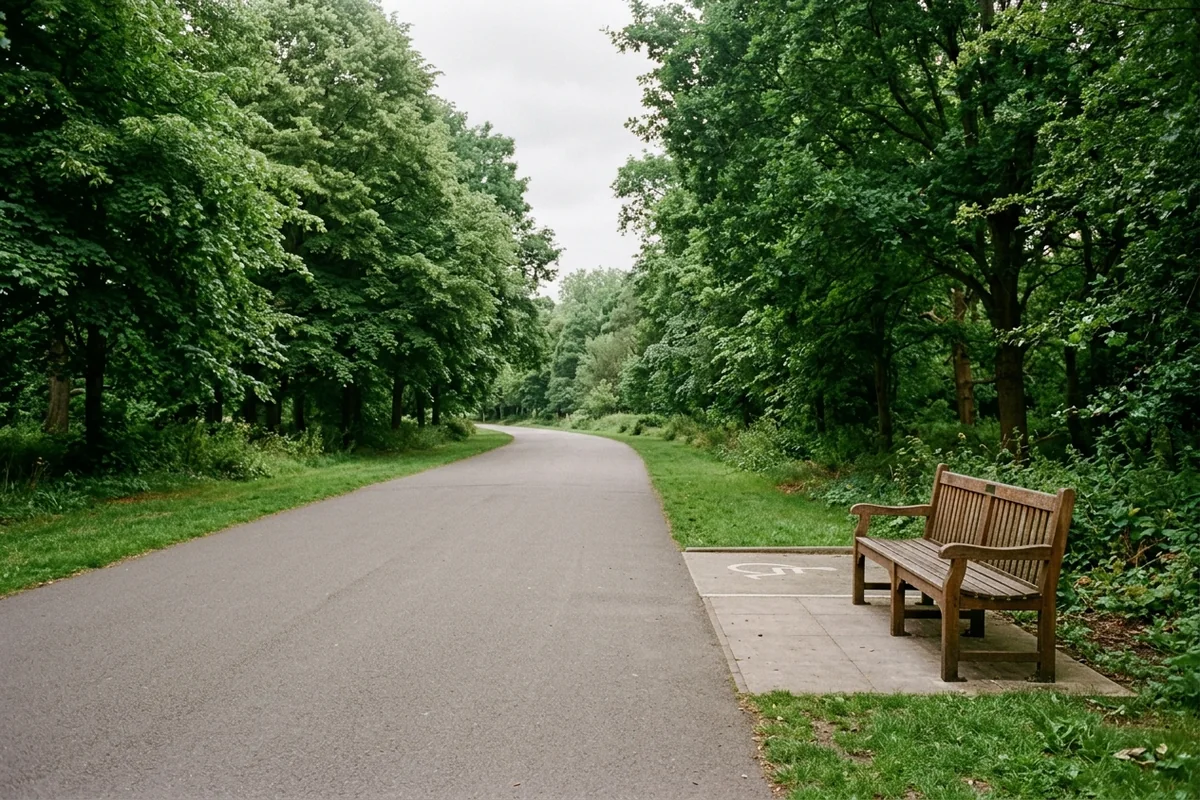 A wide paved park path in soft daylight with a wooden armrest bench and adjacent wheelchair space set off the travel lane