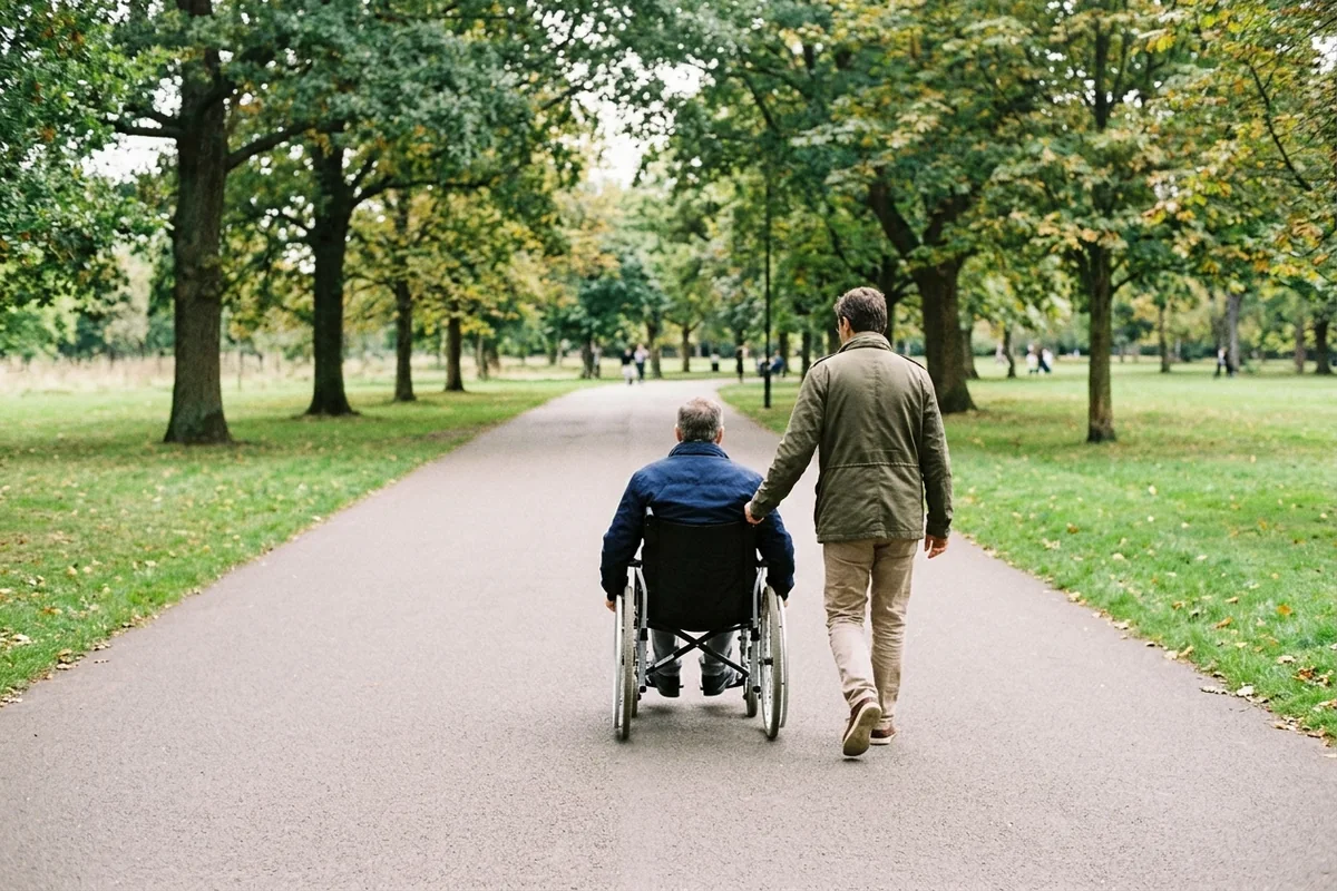 Two adults seen from behind walking side by side along a wide 2-meter level paved park path, with one person using a manual wheelchair and one companion walking beside them in conversation