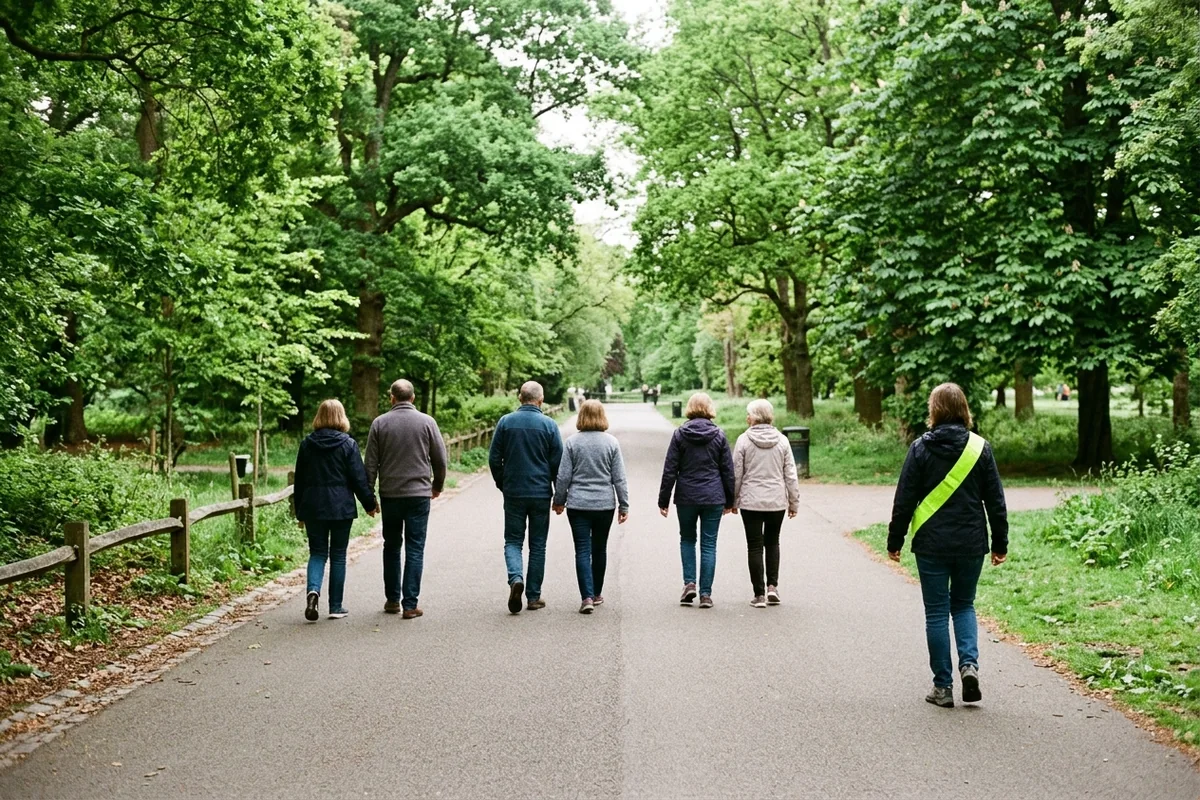 Six adults seen from behind walking in side-by-side pairs along a wide tree-lined park path, with a sweep volunteer wearing a high-visibility sash walking a few paces behind the final pair