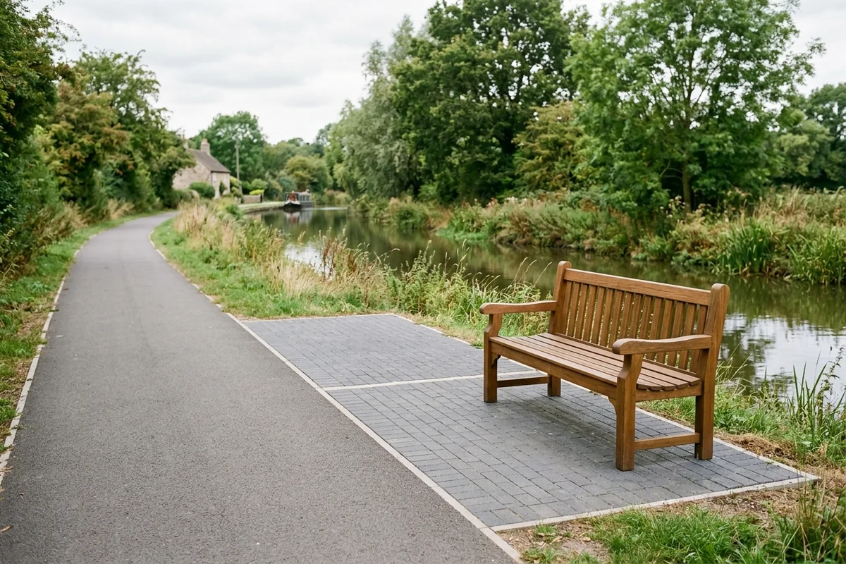 A wooden park bench with backrest and armrests placed on a level paved bay beside a step-free canal towpath, leaving a clear wheelchair companion space next to the bench