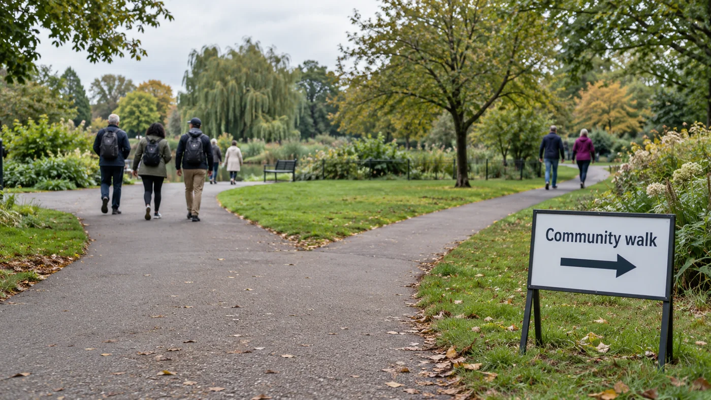 Community walk sign beside a park junction