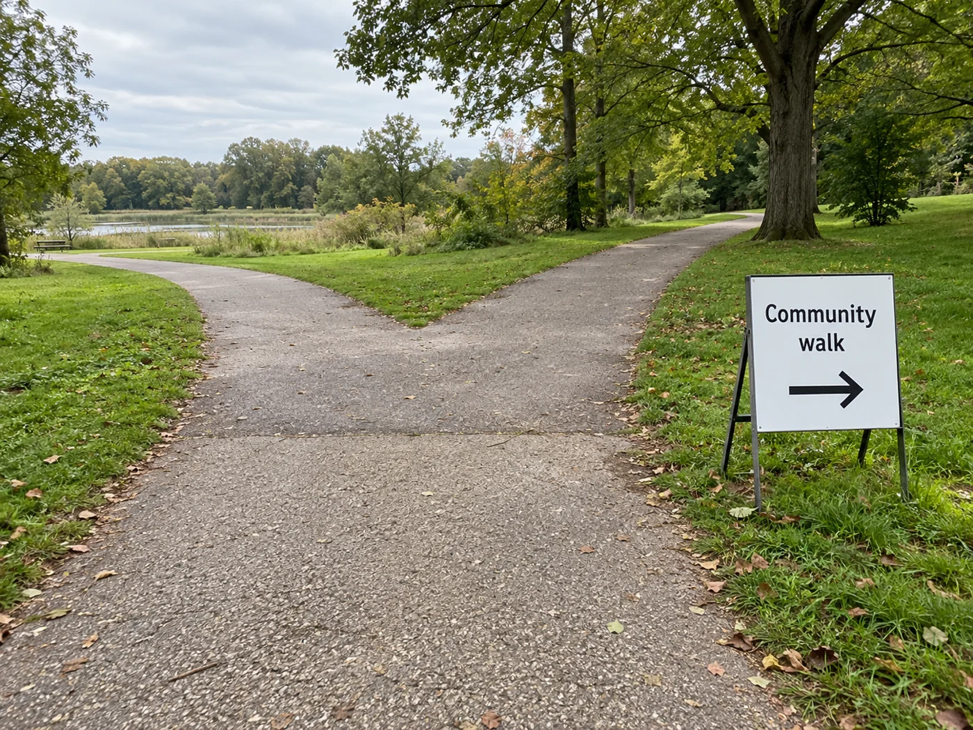 Directional sign beside a fork in a park path