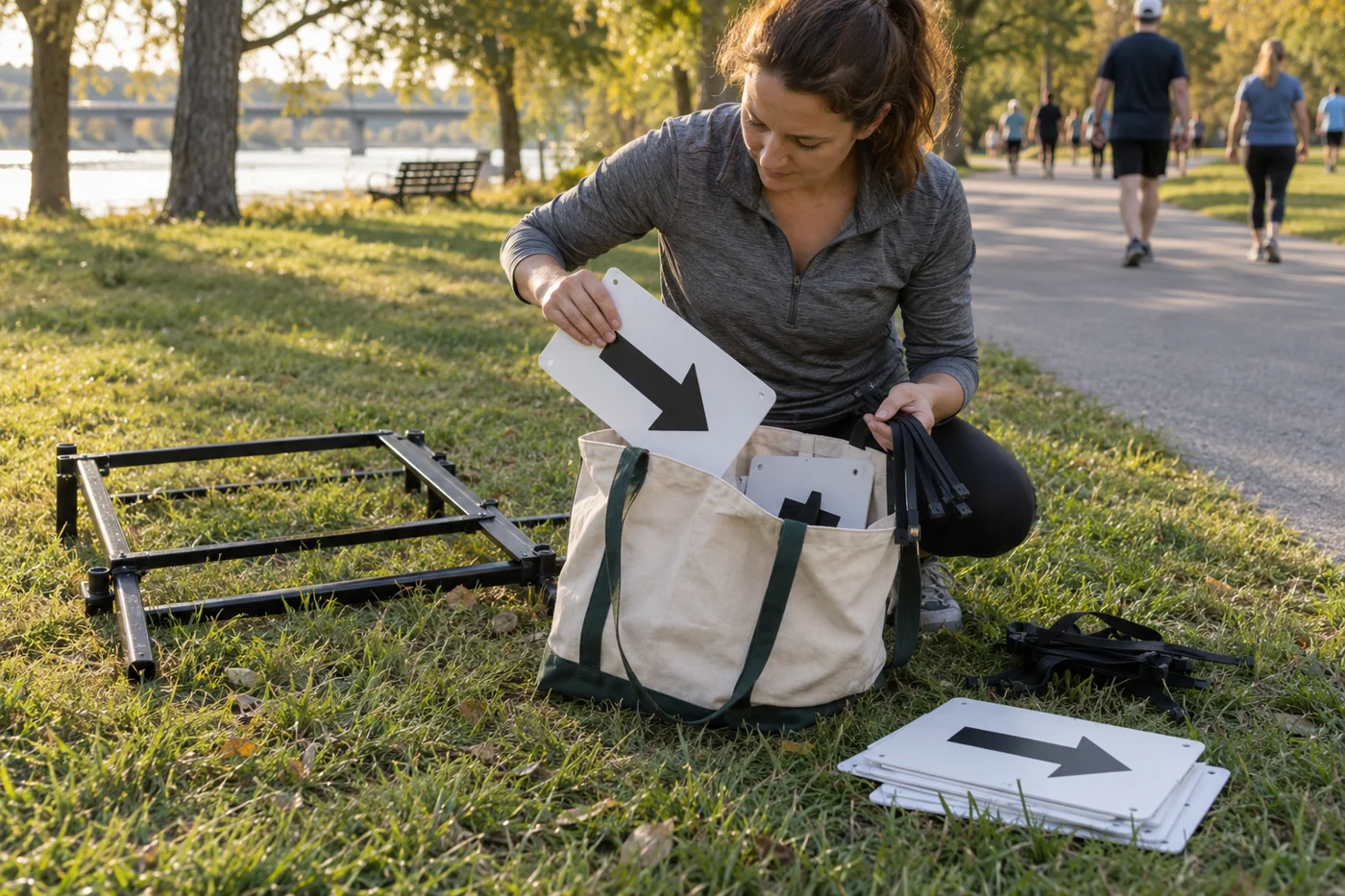 Volunteer collecting arrow boards and fastening straps into a bag