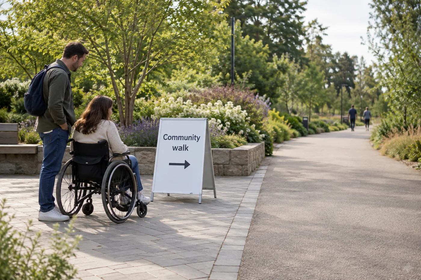 Wheelchair user and companion beside a sign in a paved recess