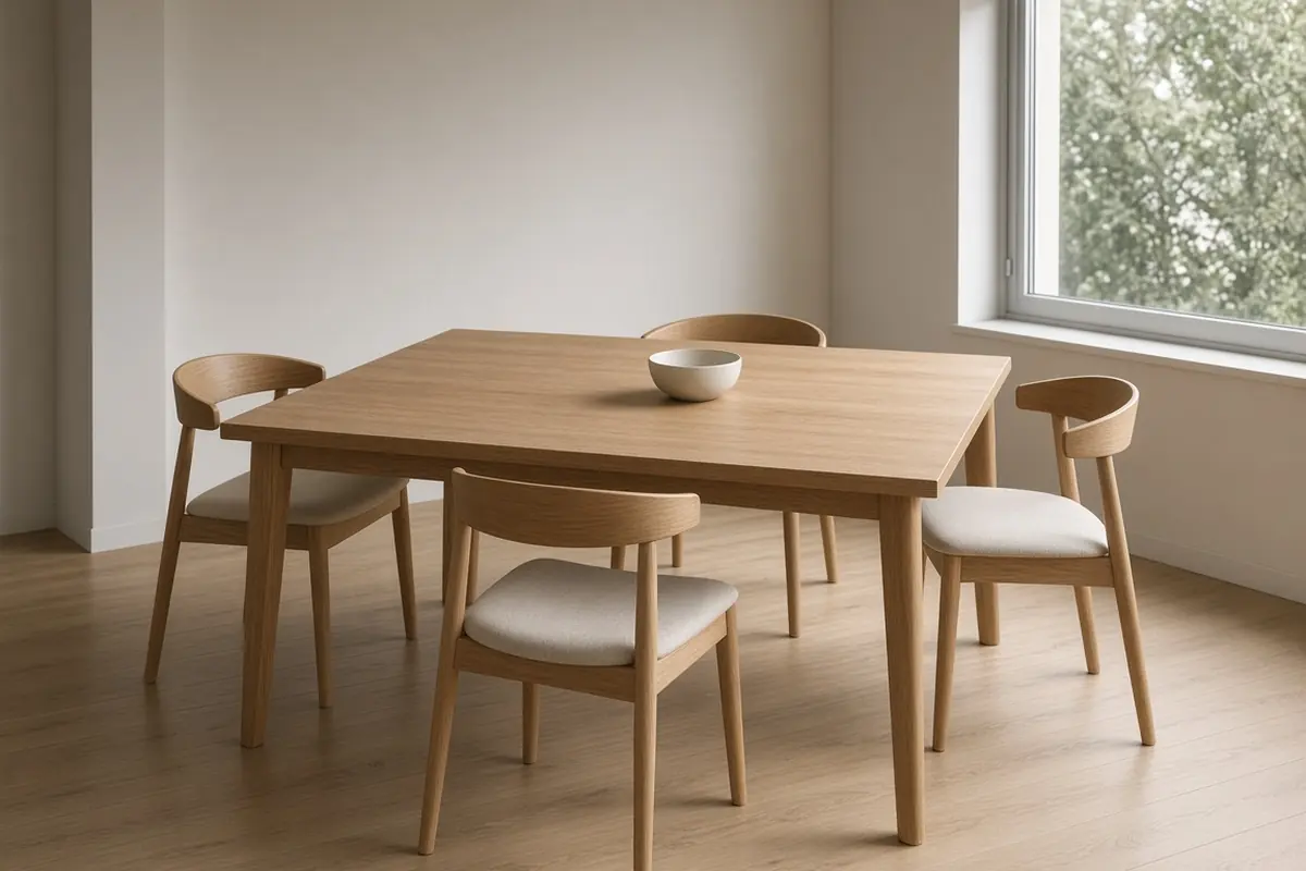 An empty meeting table and chairs in a plain office room