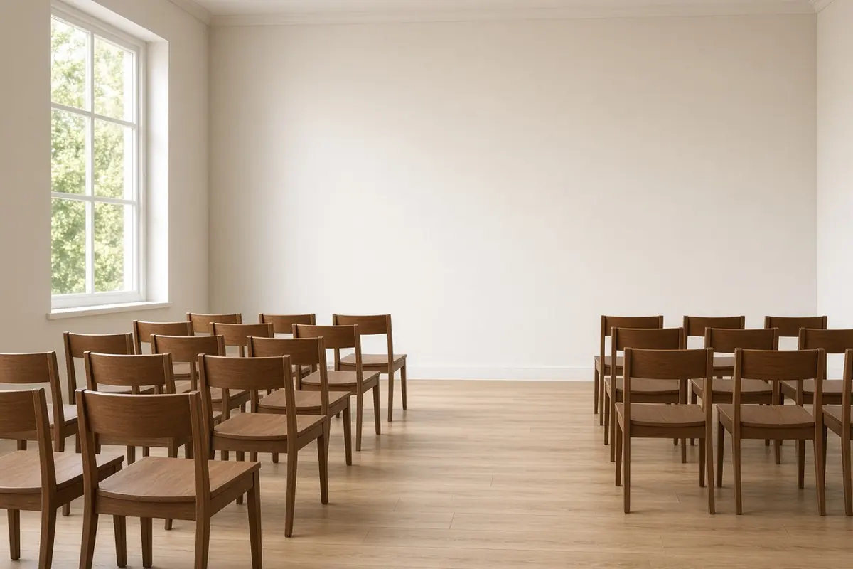 Empty chairs arranged with a clear aisle in a community room