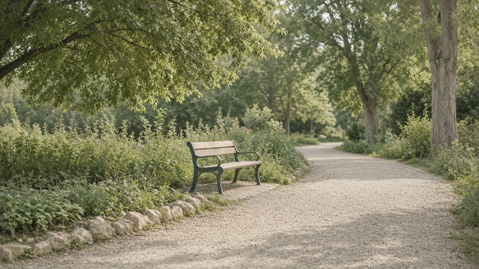 A quiet park path and an empty bench in soft daylight