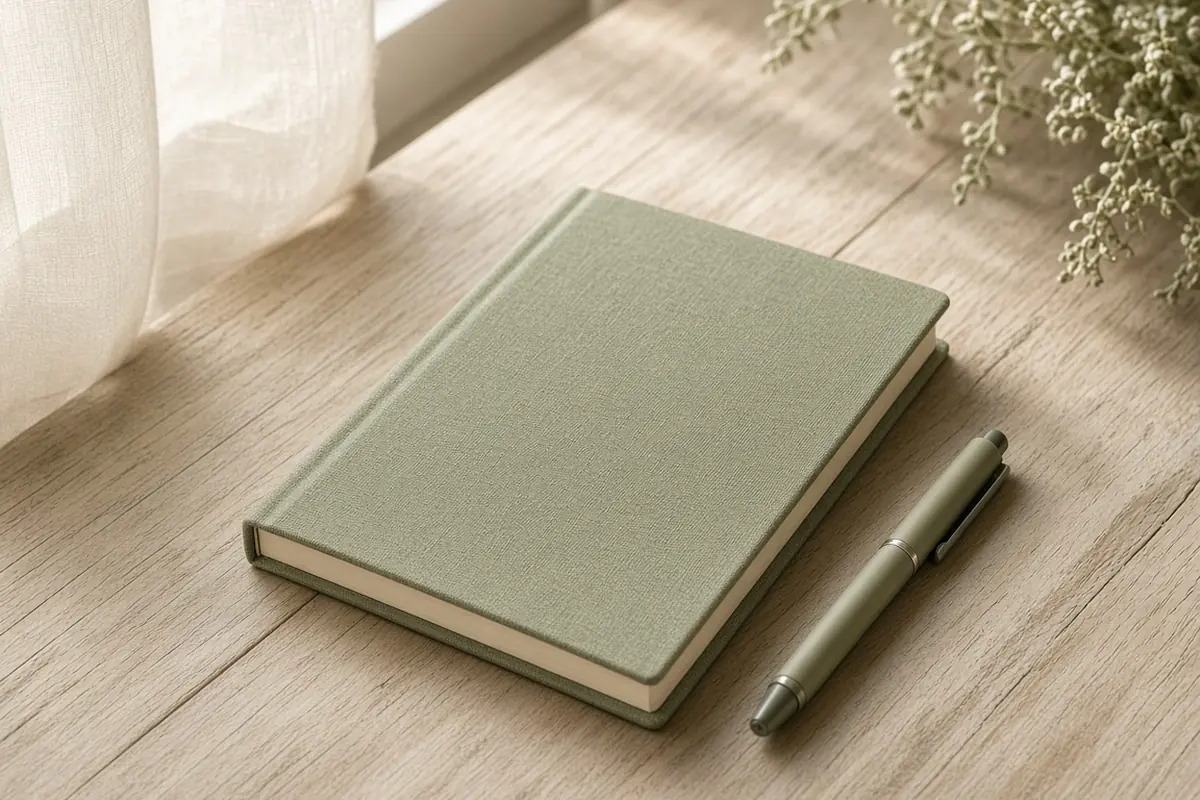 A blank notebook and a pen on a wooden table in soft window light
