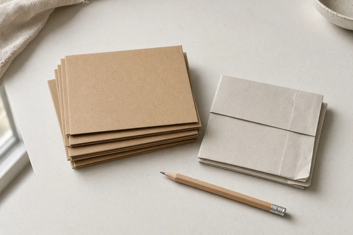 Plain kraft folders and a folded sheet of paper on a desk, with a pencil