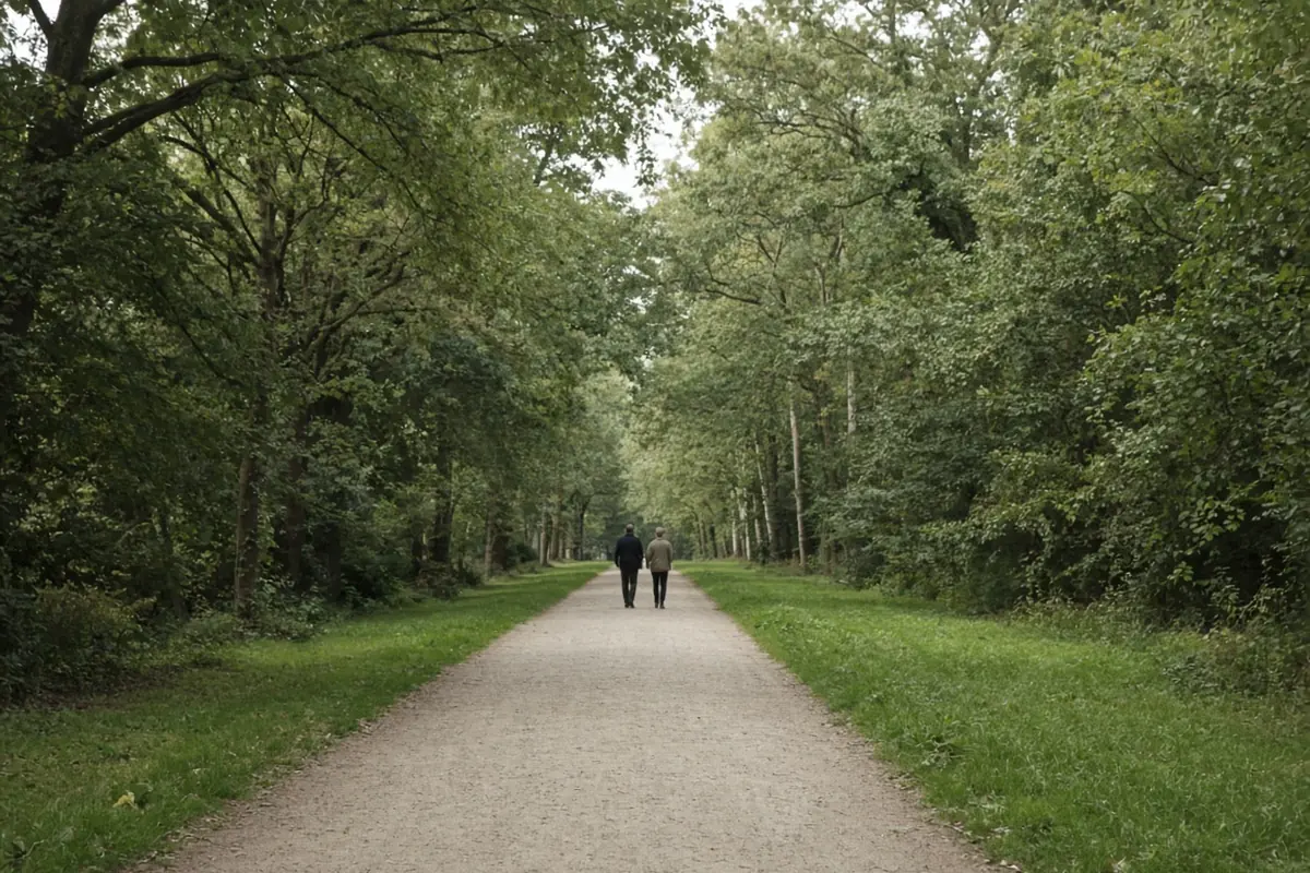 A wide park path in soft daylight, seen from a distance, with no identifiable faces