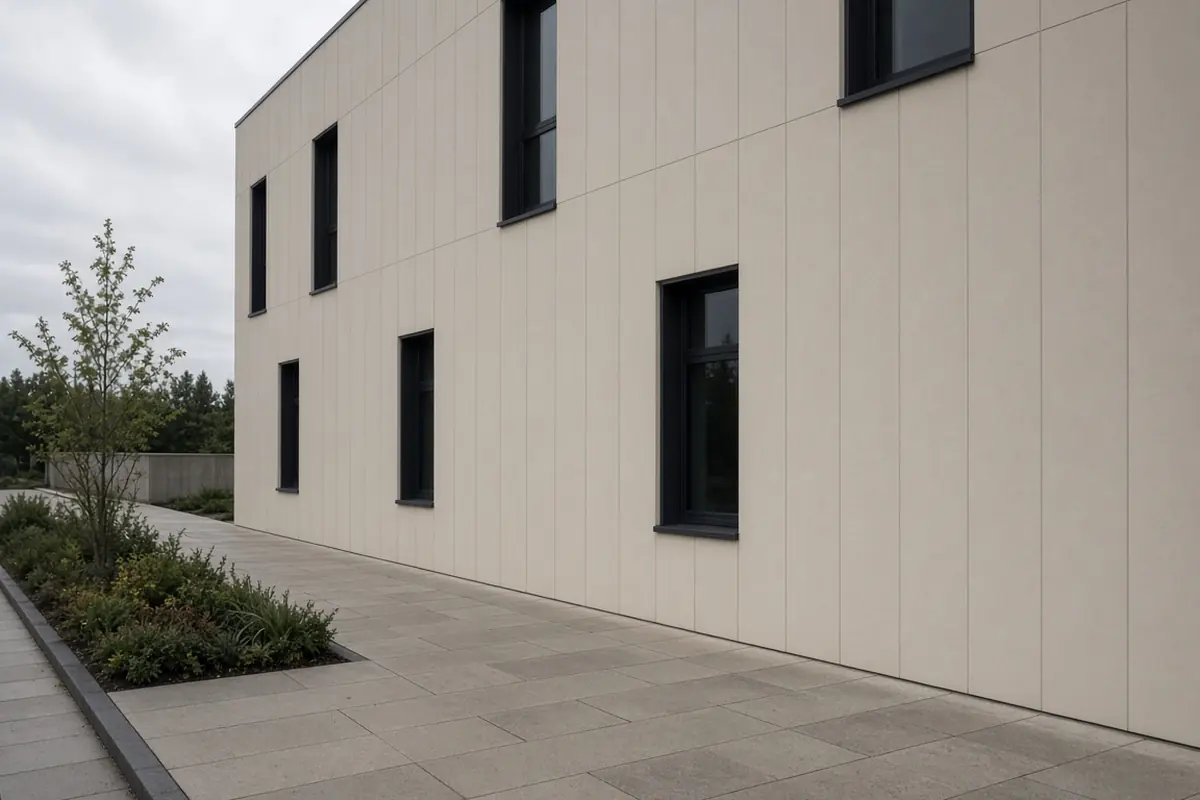 A paved path running beside a plain office building